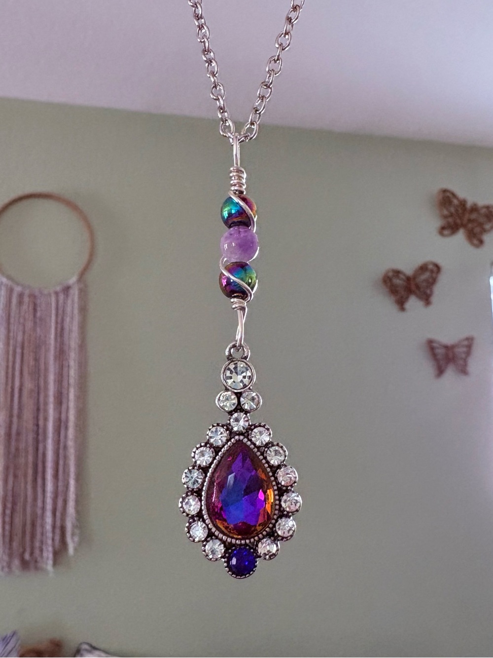Handmade Wire Wrapped Rhinestone Gemstone Teardrop Pendant Necklace